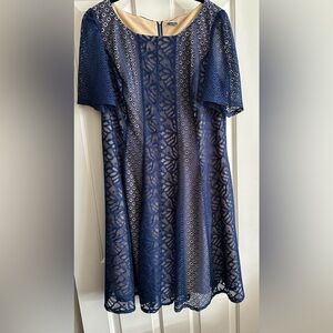 Elegant Blue Lace Dress Overlays Taupe lining Sz 16 Great Condition. Smoke free